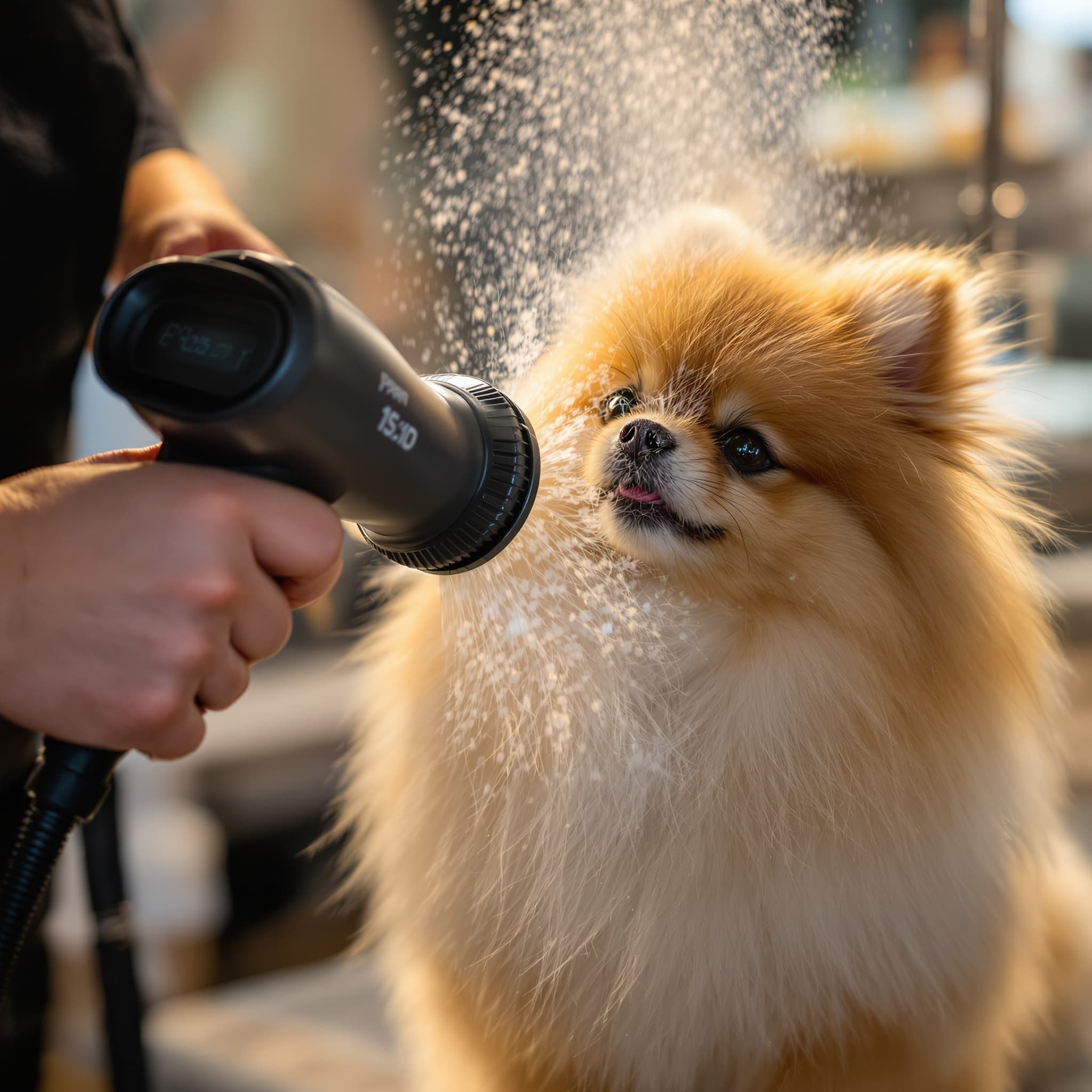 Groomer drying Pomeranian inside mobile van