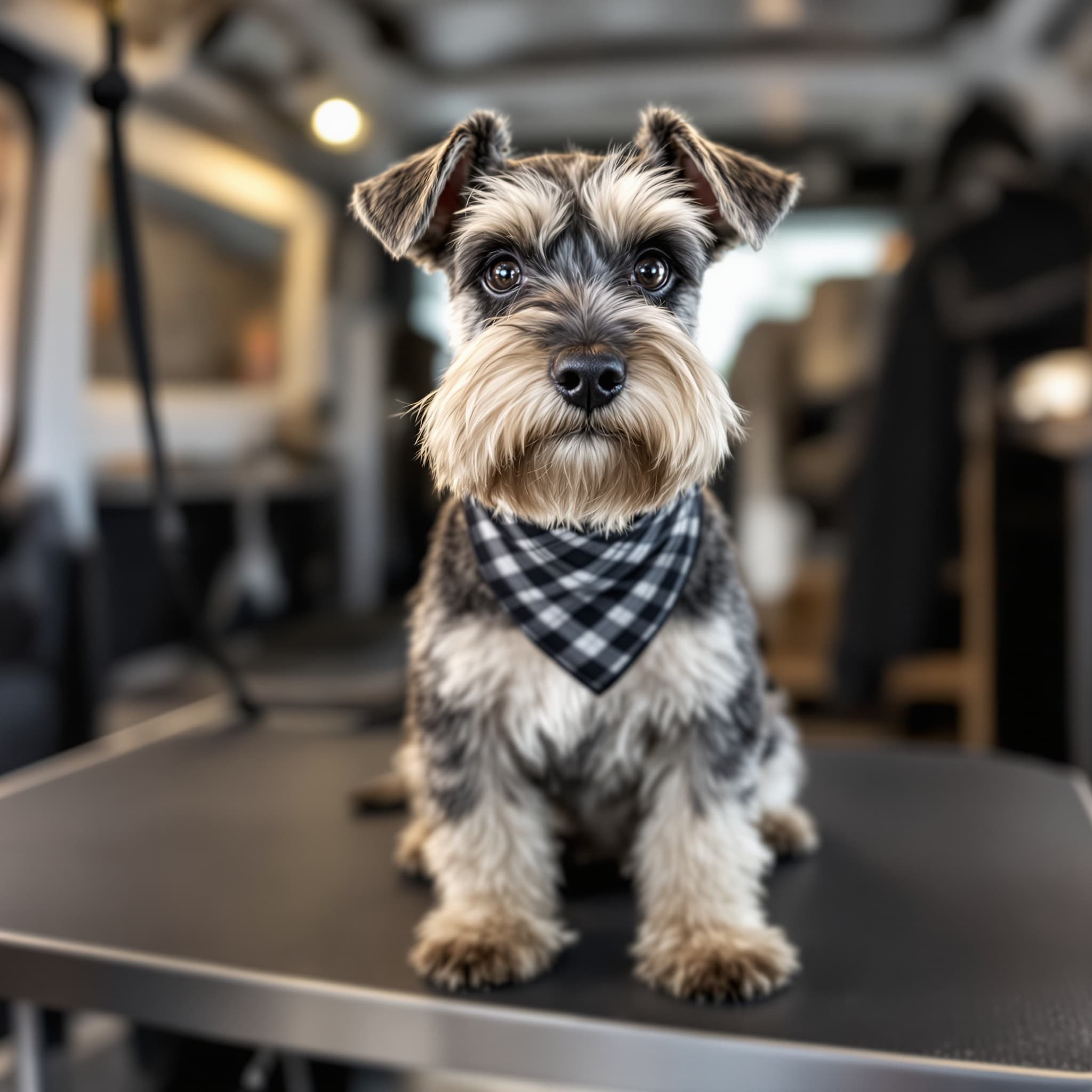 Freshly groomed mini schnauzer with bandana