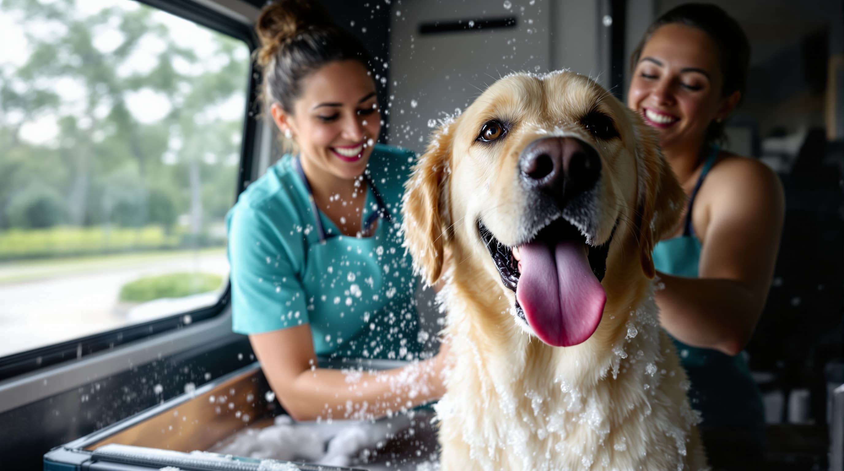 Female groomer washing happy labrador inside mobile grooming van in Houston TX