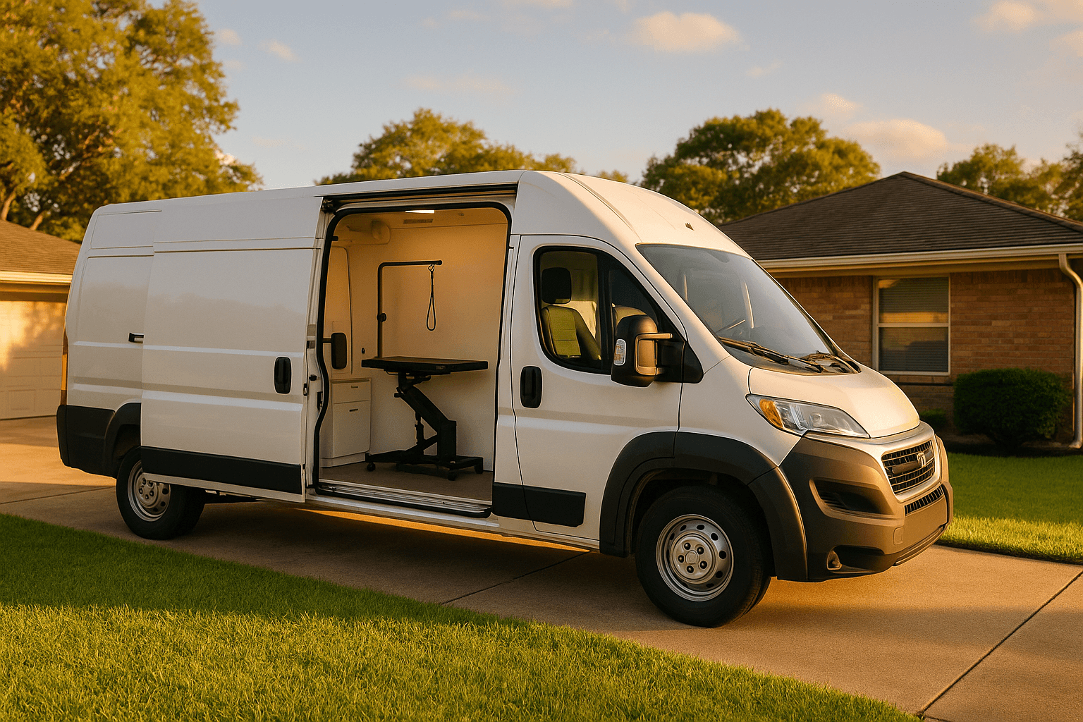 Paws on Wheels mobile grooming van parked in a Houston suburban driveway